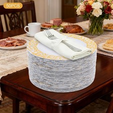 50PCS Plastic Charger Plates 13" Retro Dinner Plate White Gold For Wedding Party