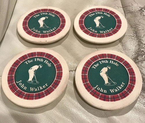 JOHN WALKER SCOTCH WHISKEY WHISKY GOLF THEME COASTER SET 4 THE 19TH HOLE VINTAGE