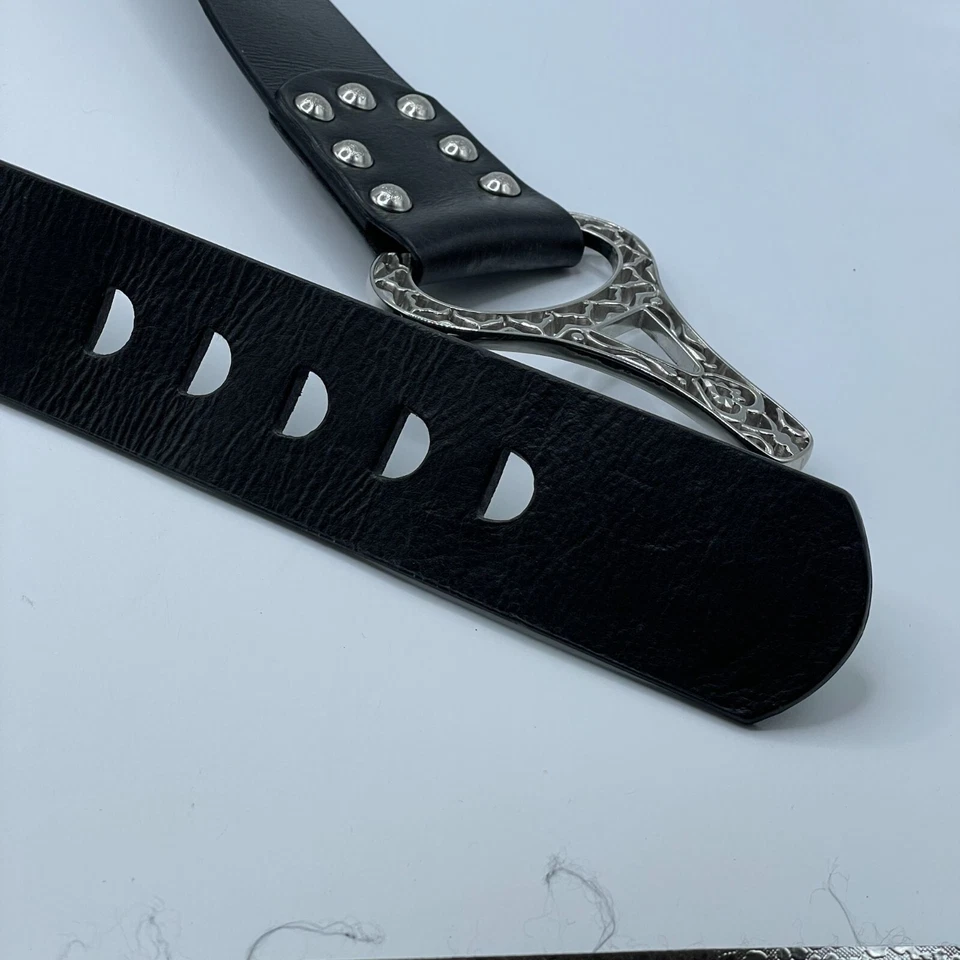 Cinturón de cadera de cuero negro ancho Chico's tono plateado hebilla grande para mujer Foto 3 de 4