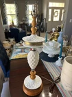 Vintage RARE 1950’s White Quilted Milk Glass Wood & Brass Table Lamp app. 25”