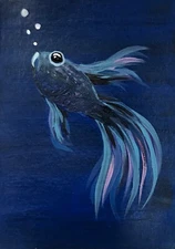ACEO Mini **Art Print** Painting Card Ocean Blue Gold Fish by Saulite