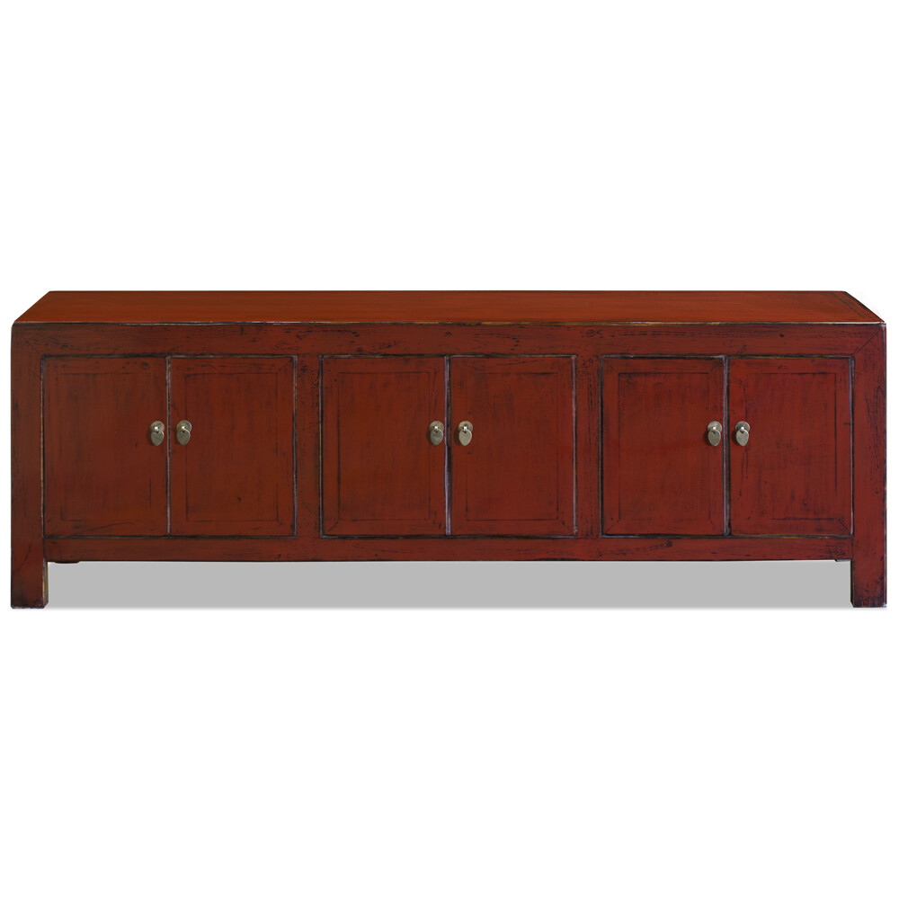 US Seller - Distressed Red Elmwood Kang Asian Media Cabinet