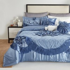 Tache Satin Lace Ruffled Floral Victorian Luxury Blue 6pc Comforter Bedding Set