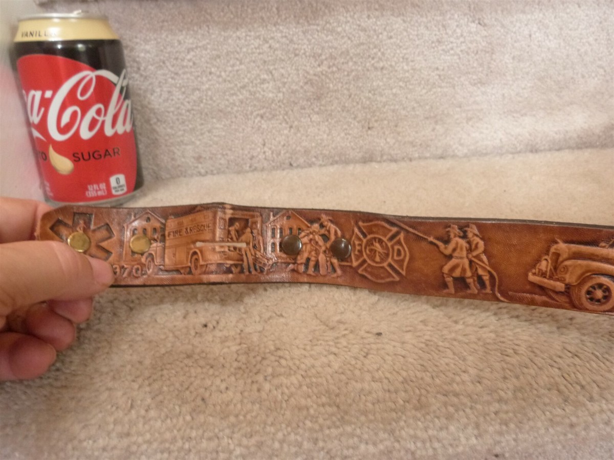 AWESOME VINTAGE Hand Tooled Leather Firefighter Fireman Belt 