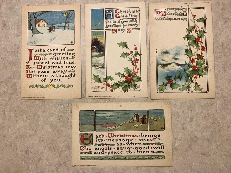 (4) Christmas Greeting Cards Signed Artist Initials 1911 era SKU# 33372