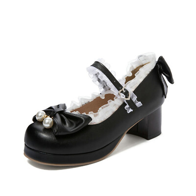Women's Bow Ankle Starp Mary Jane Pumps Comfy Round Toe Block Heel Lolita Shoes