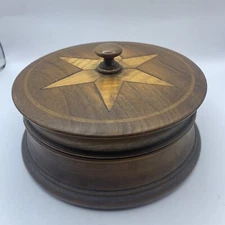 Handmade Star Inlaid Wooden Box Folk Art Round Lid Primative