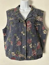 Vintage 90's Cross J Blue Denim Vest Large Flower Print USA Made