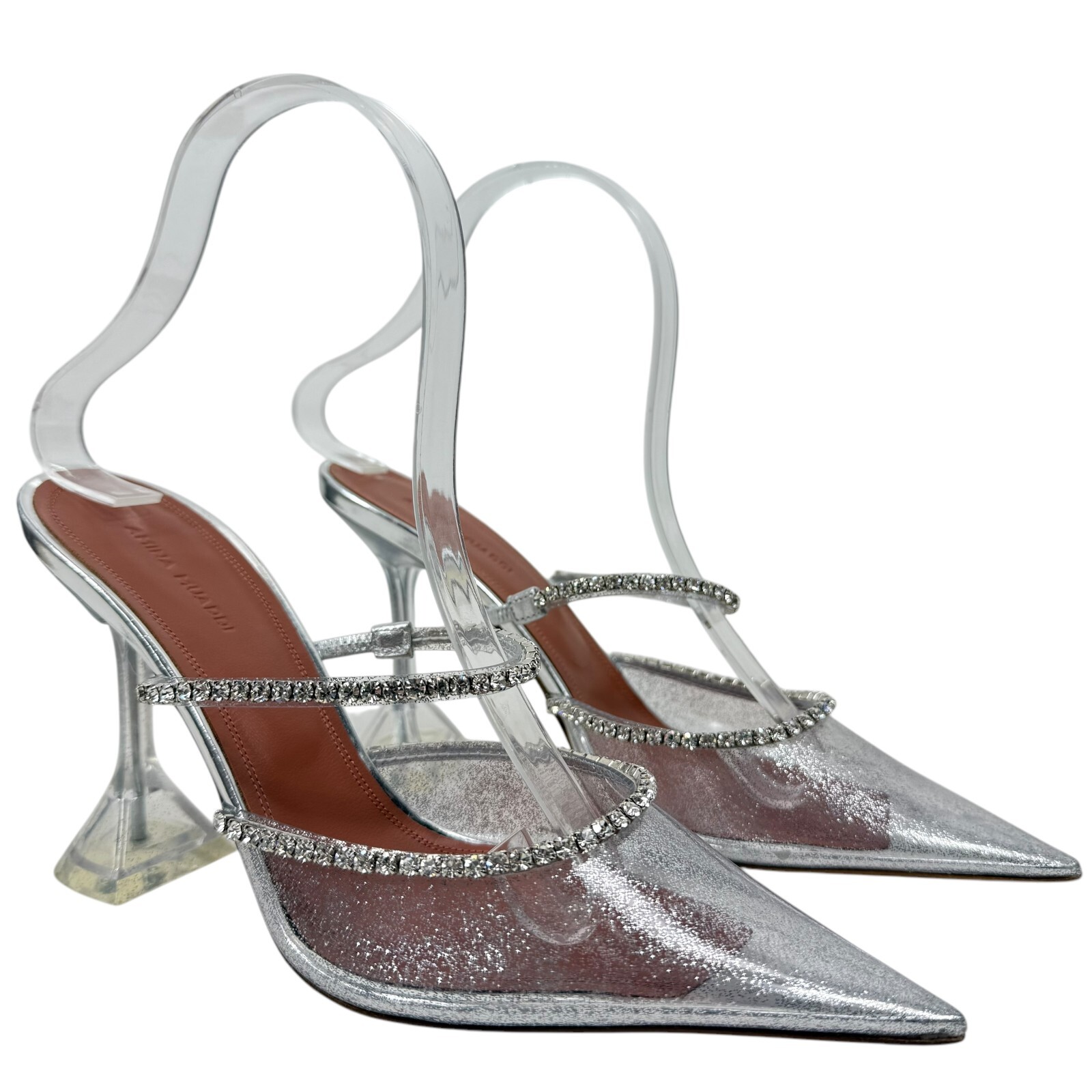 New Rare Amina Muaddi Gilda Crystal Pvc Glitter TMules Silver Womens Size 38