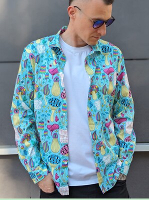 Magic mushrooms - cotton Collar Shirt festival look psychedelic print rave style