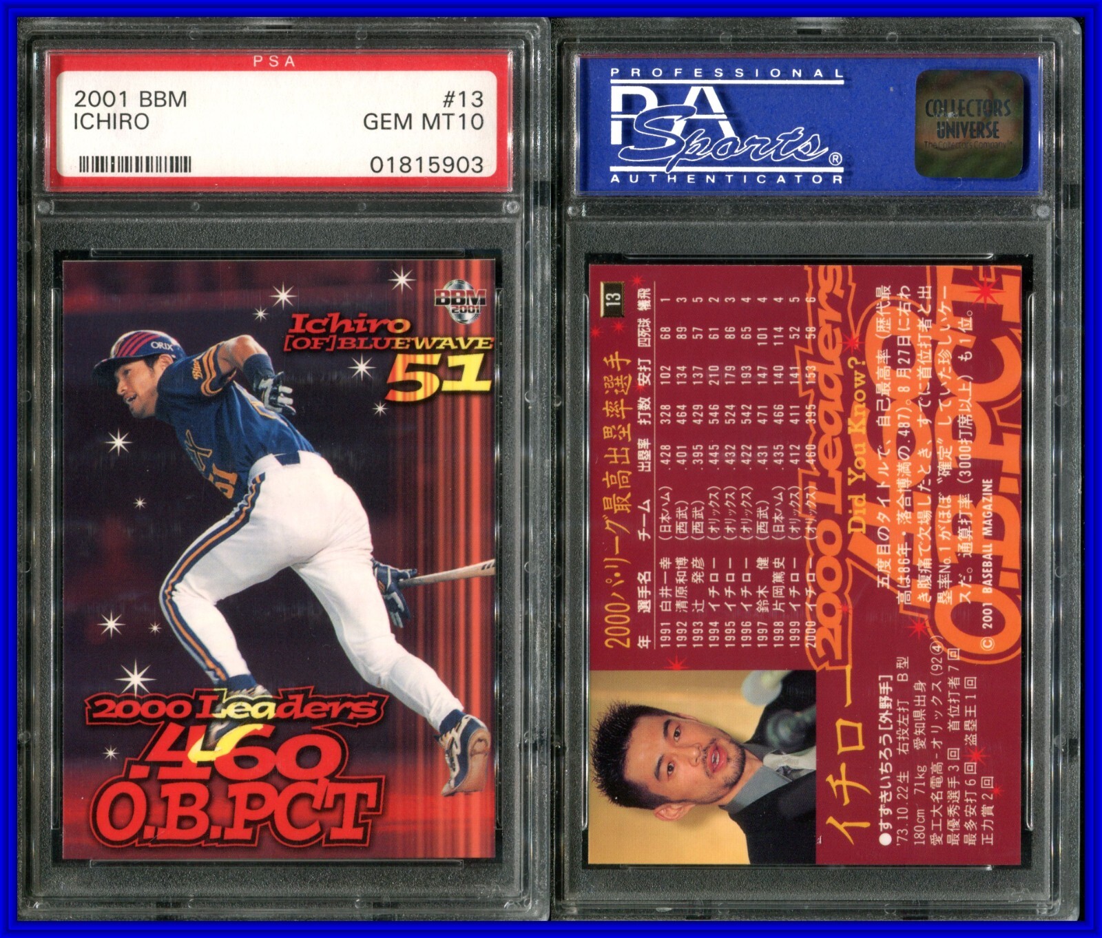 PSA 10 2001 BBM Japan LL OBP #13 Ichiro Suzuki Orix Blue Wave