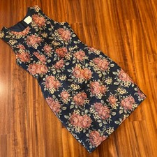 Line Dot Tapestry Dress Navy Blue Floral Knee Length Sheath Sleeveless Petite XS