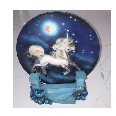 Unicorn Fantasy Collectible Plate with Stand, Blue Night Scene
