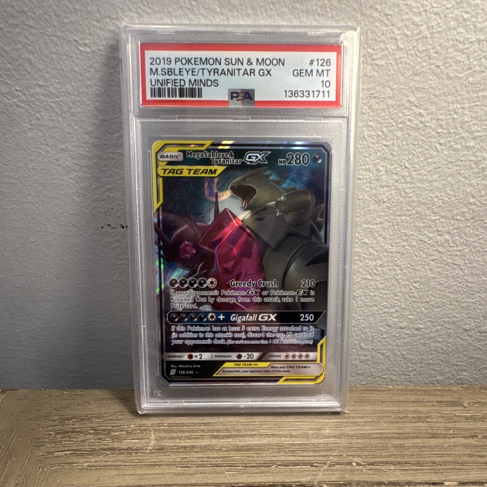 SM Unified Minds Mega Sableye & Tyranitar GX TAG TEAM 126/236 Holo PSA 10
