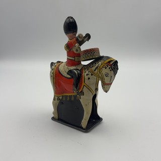 Vintage British Tinplate Clockwork Drummer on Horse Wind Up Toy 14cm