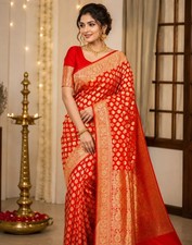 Women's Red Banarasi Silk Saree with Rich Gold Zari Woven Border  Traditional I