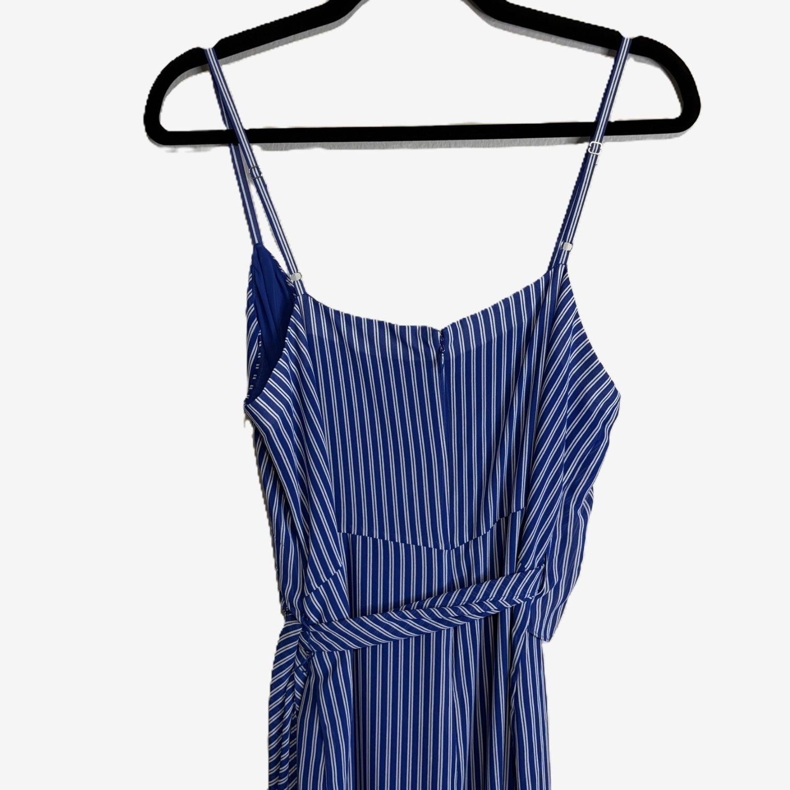 Michael Kors Women’s Large Blue White Striped Tie Waist Wide Leg Jumpsuit Resort thumbnail 10