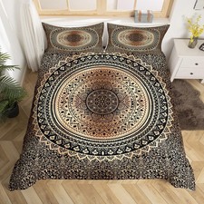 Hippie Mandala Duvet Cover Set,Brown Black Boho Art Bedding Set Queen Size,Ae...