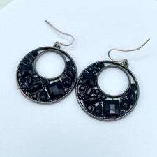 Vintage Silver-Tone Retro Gothic Faceted Onyx Beads Hoop Dangle Hook Earrings