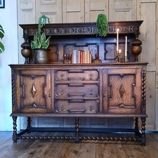 ANTIQUE OAK SIDEBOARD WITH AMAZING DETAILS AND DROP HANDLES VINTAGE JACOBEAN