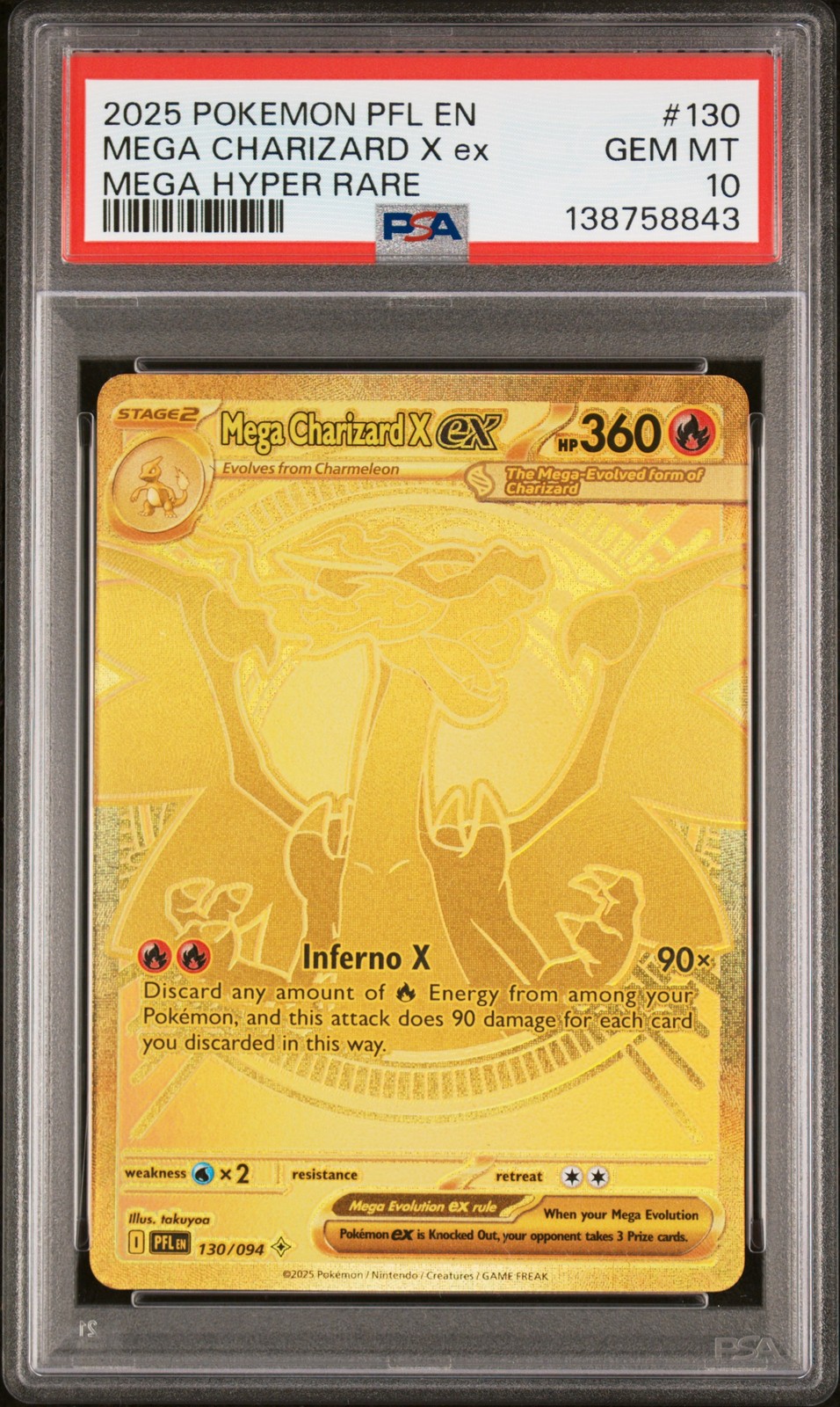 Mega Charizard X ex Gold PSA 10 2025 Pokemon Phantasmal Flames #130