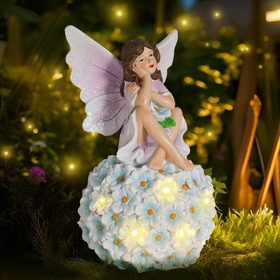 Fairy Garden Statue Outdoor Decor, Fairy Angel Angel Sitting on Hydrangea Flo...