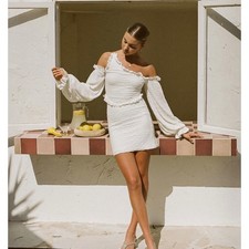 Sabo Skirt Nola One Shoulder Dress Womens Size S White Ruffle Cutout Mini Sexy