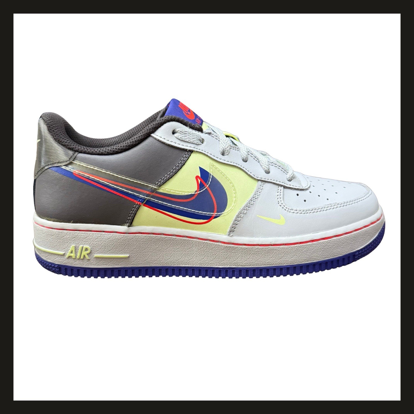 Nike Air Force 1 GS CT1628-001 Multi Swoosh Just Do It Gris Blanco 7Y Mujer’s 8.5