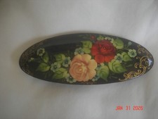 Vtg. BLACK LACQUER OVAL WOMEN'S BARRETTE w/ HAND PAINTED in RUSSIA FLOWERS