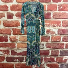 R Vivimos Dress Womens XL Blue Multicolor Boho Floral Abstract Peasant Wrap