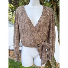 Japna Wrap Crop Top Medium Beige Black Animal Print Long Sleeve Tie Front