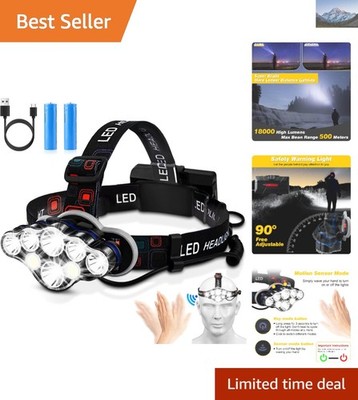 Rechargeable Headlamp - 18000 Lumen Waterproof LED with 16 Modes & Motion Sensor