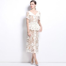 Sexy New Womens Lapel Collar Short Sleeved Lace Waist Cinched Belt A-Line Dress