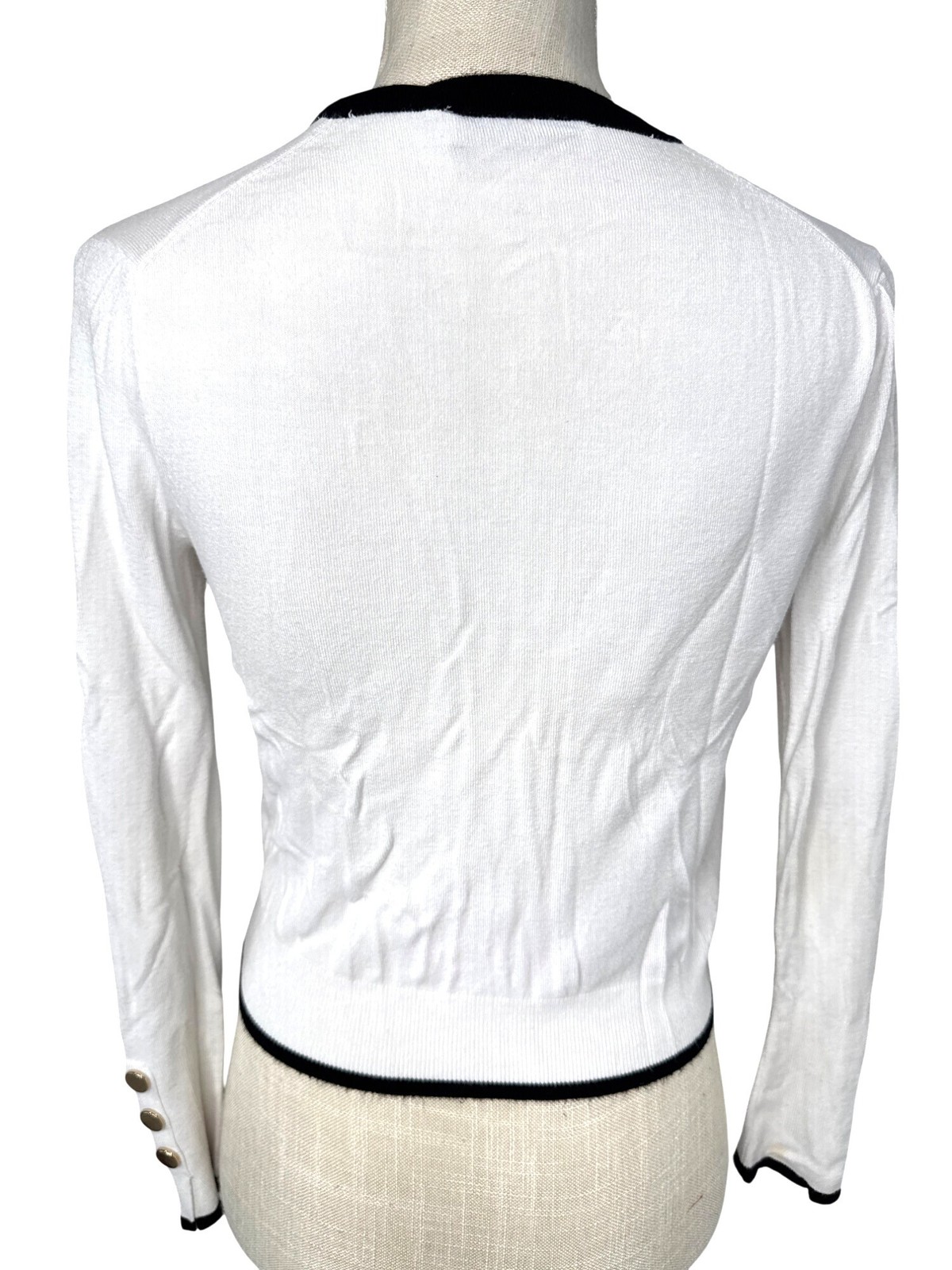 Zara Knit Womens White & Black Trim w/Gold Buttons Cardigan Sweater S image 3