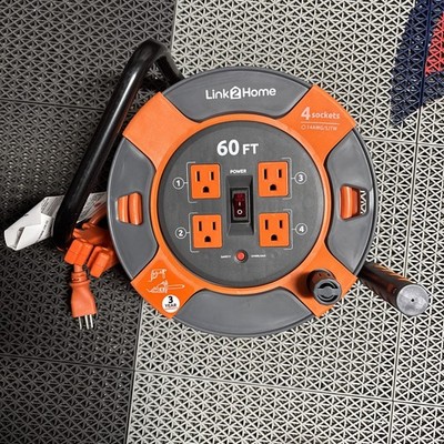 Link2Home 60ft Cord Reel Extension Cord 4 Outlets 14 AWG SJTW Heavy Duty High