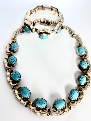 Vintage Taxco Mexico Chunky Sterling Silver & Howlite Necklace & Bracelet