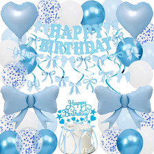 Blue Bow Birthday Decorations, Happy Birthday Banner Garland and Hanging Swirls,