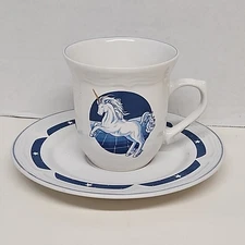 Vintage 80's Blue Unicorns Coffee Cups Tienshan Stoneware Unicorn Mug Cup Plate