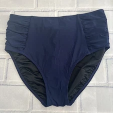 L.L. Bean High Waist Swim Brief Bottoms 12 Navy Blue Shaping Ruched Sides