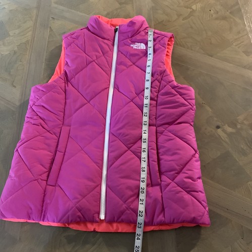 The North Face Reversible Puff Vest Pink Orange Girls Sz L 14/16 Logo Pockets - Picture 12 of 12