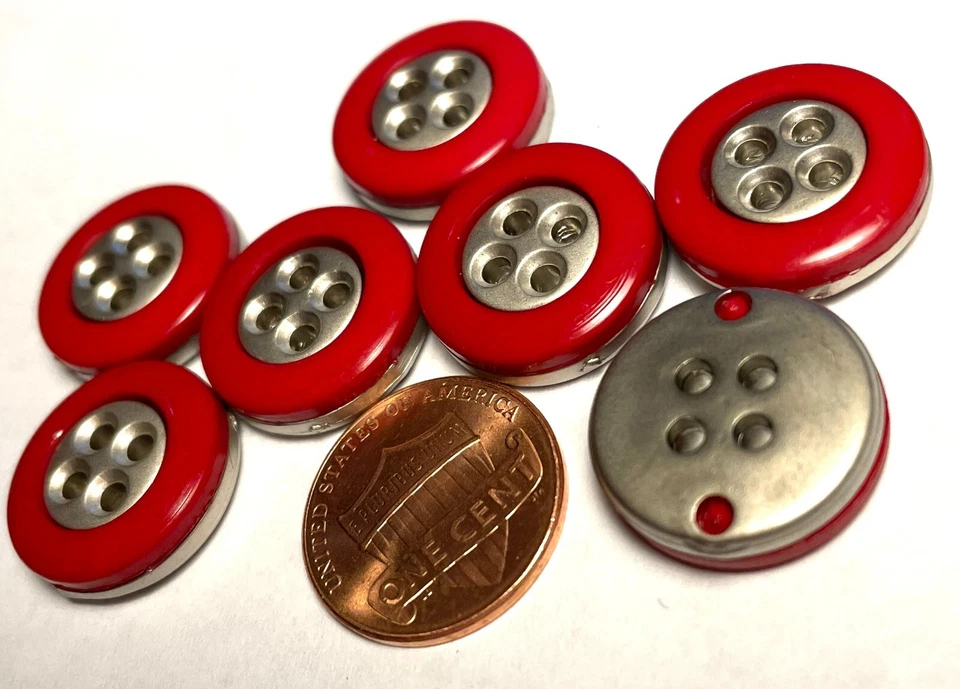 7 Thick Glossy Red Silver Tone Plastic Metallized Back Buttons 18mm 11/16" 12729 - Image 3 of 3