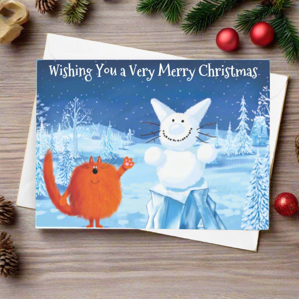 Funny Ginger Cat Christmas Card Humorous Greetings Card Charlie and the Snowcat
