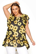 Yours Clothing Black and Yellow Floral Frill Hem Short Sleeve Tunic Top UK 18