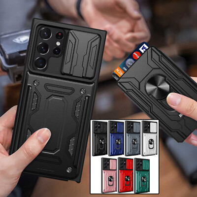 For Samsung Galaxy S25 S24 S23 S22 A54 A14 Ring Stand Card Slide Camera Case