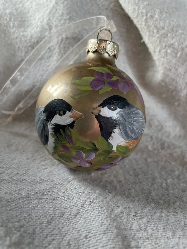 Gold Color Hand Painted Christmas Ball With Two Chickadees On Purple Flowers