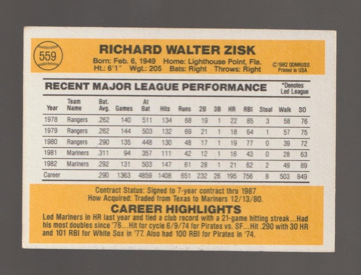 1983 Donruss Richie Zisk Seattle Mariners #559 Near Mint or Better
