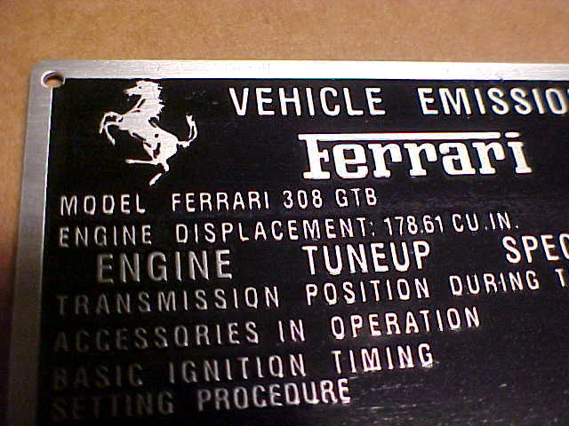 Vintage FERRARI data plate Emission Control Information Etched Aluminum