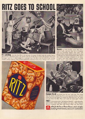1937 Ritz Crackers Print Ad Ritz Goes To School College Dorm Pennants