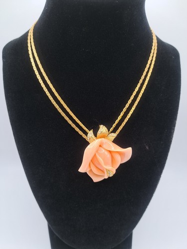 Rare Vtg Pauline Rader Rose And Rhinestone Gold Tone Necklace Coral Peach Color - 第 1/6 張圖片