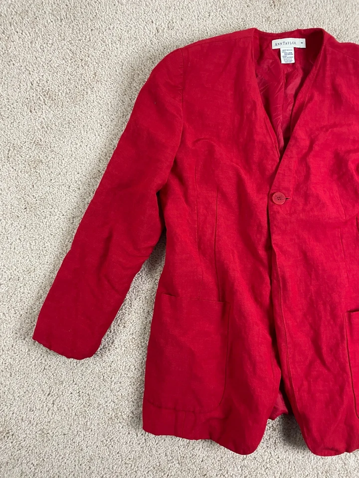 Ann Taylor Blazer Coat Womens Size 8 USA Linen Blend Button Up V-Neck Pocket Red - Image 2 of 4